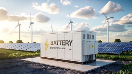 Modern renewable energy storage system featuring a large battery unit surrounded by solar panels and wind turbines under a bright sky