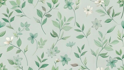Delicate watercolor pattern of light green leaves and small white flowers on a pale green background