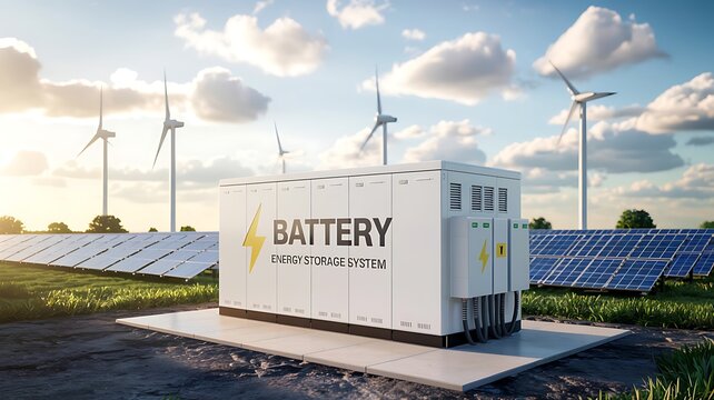 Modern renewable energy storage system featuring a large battery unit surrounded by solar panels and wind turbines under a bright sky