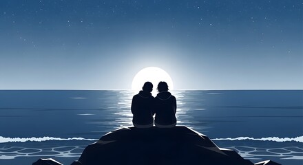 Silhouette Couple Sitting on Dark Rock Looking at Moonlight Ocean