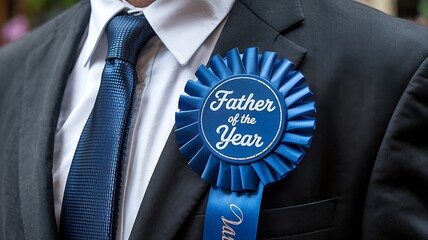 Close up of a man wearing a suit and tie with a blue father of the year award rosette pinned to his lapel