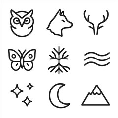 Nature Icon Set. Outline icon set of nature inspired intuition: owl, wolf, deer antlers, butterfly, tree roots, flowing water,