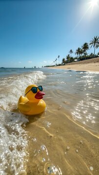 Rubber duck wearing sunglasses floating on water at sunny beach ?? ??? ?? ? ?? ????? ? ?? ??