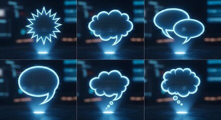 Captivating holographic speech bubbles and thought bubbles glow with futuristic blue light on a dark, tech-inspired background, perfect for digital communication concepts.