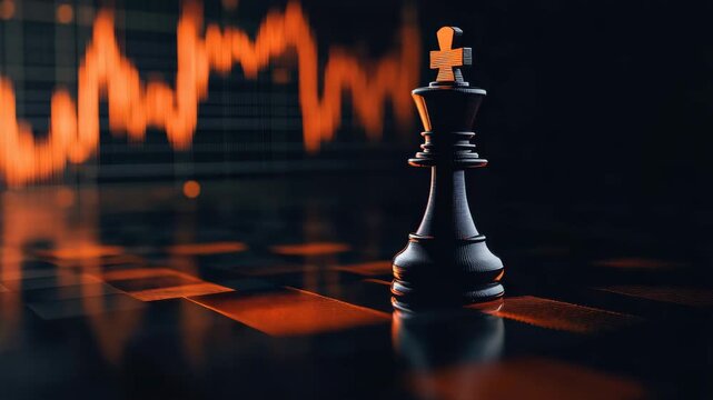 Black chess king on reflective chessboard with orange financial graph background symbolizing strategy market analysis success business investment decisions and market reflection