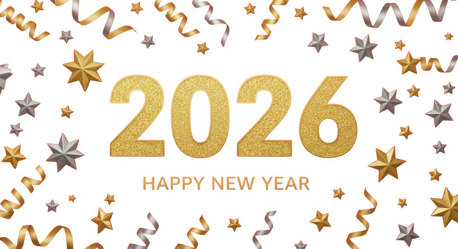 Happy new year 2026 golden text with stars isolated on transparent background
