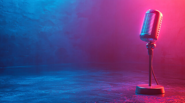 Professional microphone with neon light background banner, Podcast or recording studio background copy space space for text	
