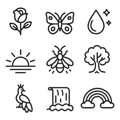 Fototapeta premium Nature Icon Grid. Outline icon set of glorious nature: blooming rose, radiant butterfly, sparkling dewdrop, golden sunrise,