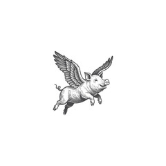 Obraz premium Vintage engraving of a flying pig with large feathered wings