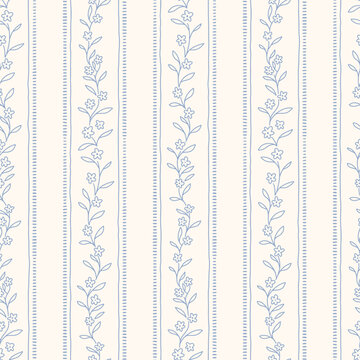 Hand drawn regency striped seamless pattern with a charming whimsical cottage core design. Soft blue, pastel, and nostalgic trellis print. Perfect for textiles and romantic vintage-inspired decor.