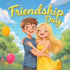 Joyful young couple embracing outdoors celebrating friendship day with balloons and a sunny sky