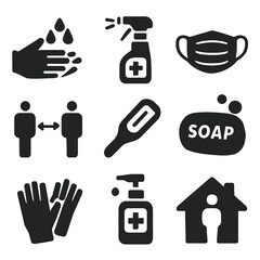 Safety Icon Grid. Solid, filled icons set of safety and hygiene practices: hand washing, disinfectant spray,