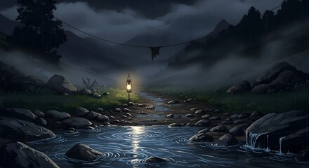 Dark River Landscape with Lit Lantern in Rainy Mountain Valley