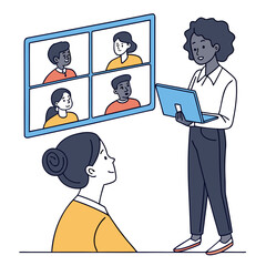 Vector art of woman presents to colleagues on video conference isolated on white background