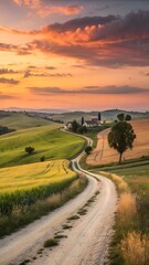Serene Summer Countryside Landscape with Winding Dirt Road and Golden Fields Under Sunset Sky