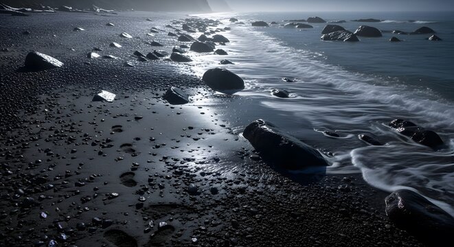 Dark Rocky Beach with Rolling Waves in Mysterious Twilight