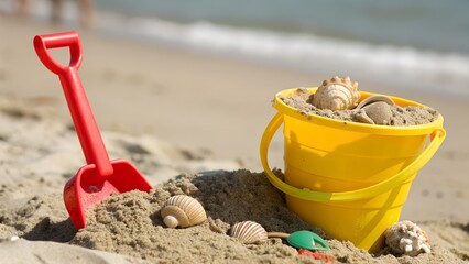 Toy bucket and shovel with sand and seashells for children on summer for clip art and element
