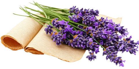 Lavender flowers and scroll on transparent png background
