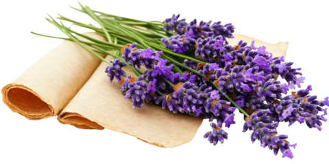 Lavender flowers and scroll on transparent png background