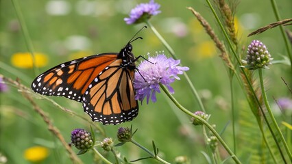 Fototapeta premium Vibrant Butterfly on Purple Flower. Lepidoptera Species Beauty in Closeup. Nature Background.