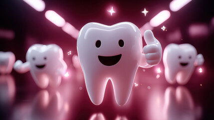 Obraz premium Cheerful cartoon tooth giving a thumbs-up, symbolizing dental health and care in a vibrant, playful 3D style.