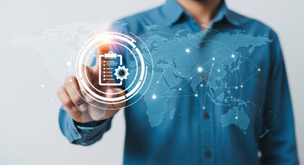  businessman touching a digital interface with a global network map and checklist icon, representing business management and technology