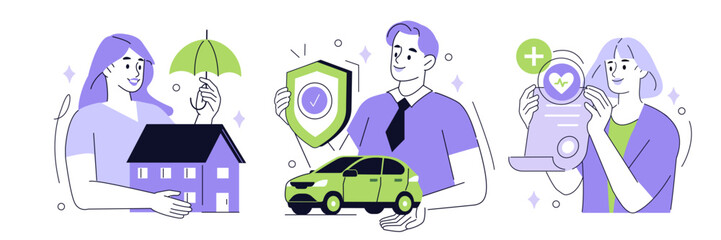 Characters presenting vehicle, life and property insurance policies. Insurance coverage, protection, safety concept set. Vector illustration.