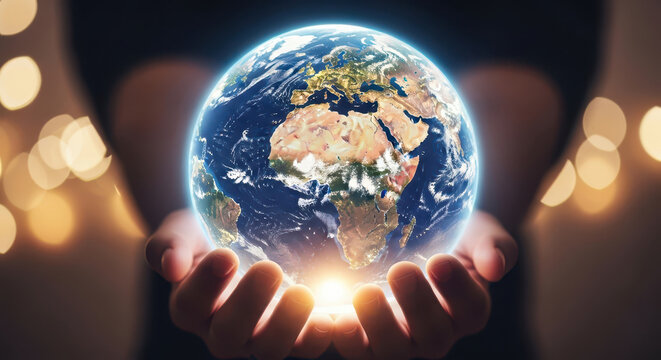  hands holding the glowing earth planet in space with bokeh lights - Powered by Adobe