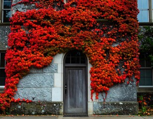 Autumnal facade with vibrant red ivy and a dark door