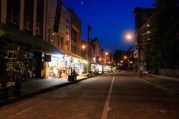 Night Street with Illuminated Shops and Decorative Lights in Japan