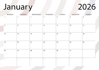 January 2026 monthly planner. Calendar template. Monday start. Vector design