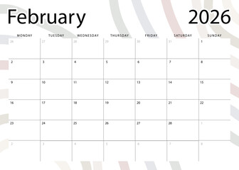 February 2026 monthly planner. Calendar template. Monday start. Vector design