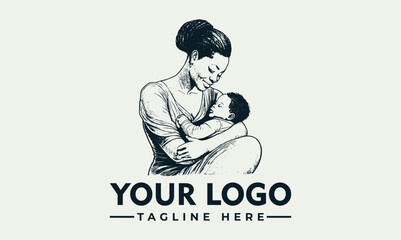 Vintage style logo featuring a loving mother holding a sleeping baby.