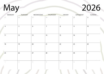 May 2026 monthly planner. Calendar template. Monday start. Vector design
