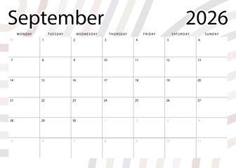 September 2026 monthly planner. Calendar template. Monday start. Vector design