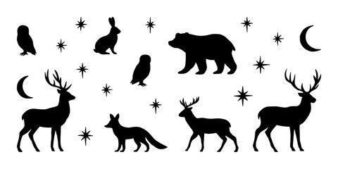 Set of black silhouette forest animals - deer, bear, fox, rabbit and owl. Black crescent moons and stars on white background. Woodland and nature-themed vector elements. Christmas animals.