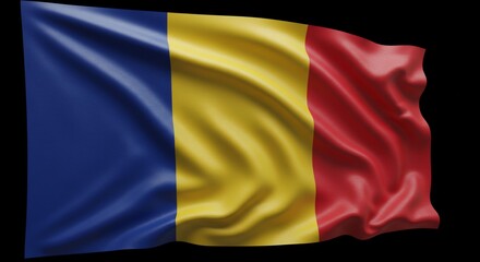 Dynamic Romanian Flag in Full Flow Against Black Background