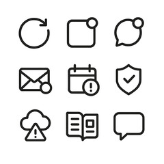Notification Icons Grid. Outline icon set of notification sources: system update, app alert, social media, email inbox, calendar