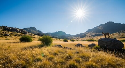 Fototapeta premium Mountain Goat Standing on Rock in Golden Grass Field