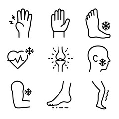 Obraz premium Numbness Symptoms Icons. Outline icon set of numbness symptoms: tingling hand, loss of feeling, frozen foot, cold pulse, numb