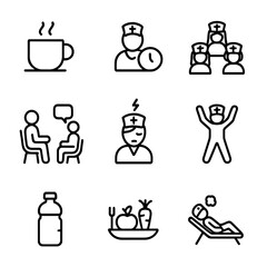 Nurse Wellness Icons. Outline icon set of nurse wellness and support: coffee cup, break time, support group, counseling, stress