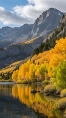 Fall In The Mountains. Colorful Autumn Landscape With Yellow Aspen Trees Reflected in June Lake
