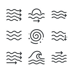 Fototapeta premium Ocean Current Icons. Outline icon set of ocean current: water flow, tidal stream, sea current, wave motion, whirlpool, river