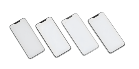 Four modern smartphones with blank white screens arranged diagonally, perfect for app mockups and tech presentations.