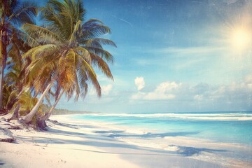 Obraz premium Tropical beach scene with palm trees under a vibrant sky