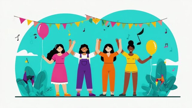 Animated happy girls dancing at party with balloons and music
