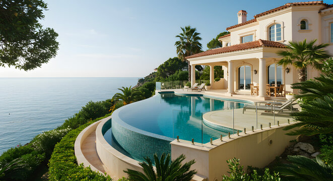 Luxury villa with infinity pool overlooking ocean view real estate mediterranean architecture and design