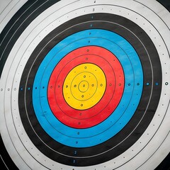 A close up view of an archery target with concentric circles and visible arrow impacts on it