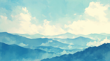 Obraz premium Soft watercolor sky with clouds and minimalistic mountain ranges, calm atmosphere