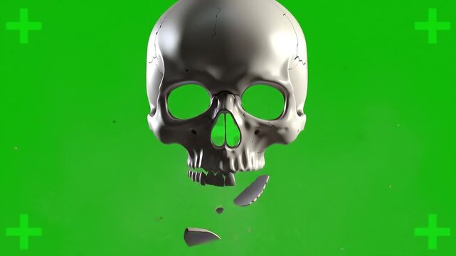 Cracked skull floating in space against a green screen with markers and bone fragments surrounding the skull